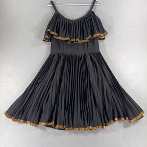 Candela Black Pleated Fit Flare Dress‎ Gold Trim Ruffle Off Shoulder Small